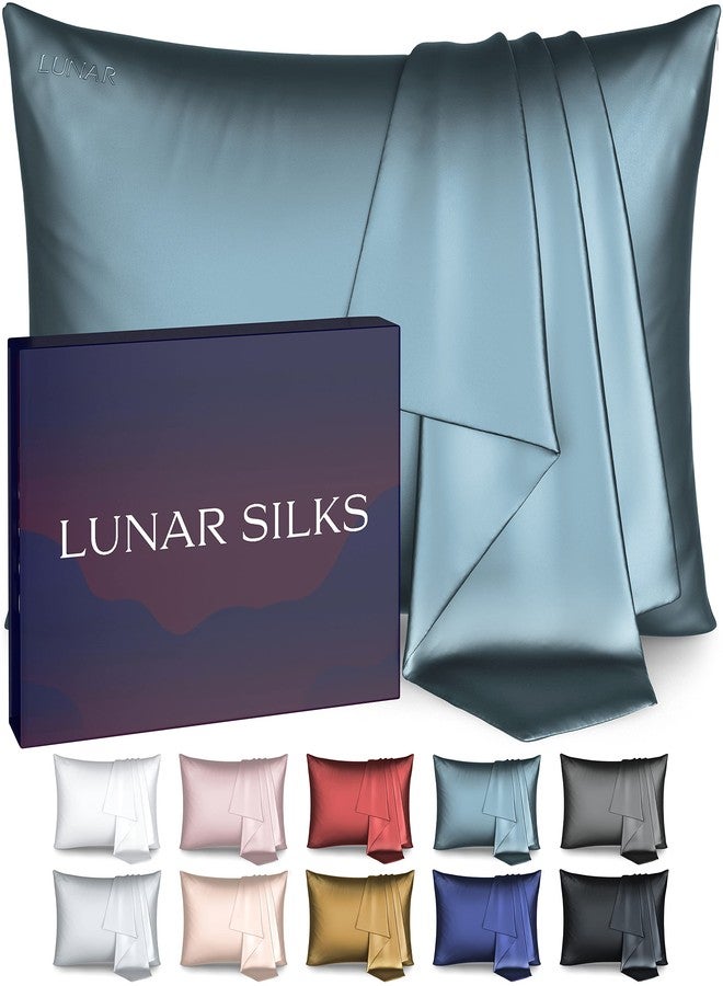 Lunar Silks لونار سيلكس، غطاء وسادة من حرير التوت الطبيعي النقي 100% من الدرجة 6A، 22 مومي (على كلا الجانبين) للشعر والبشرة - خالٍ من حب الشباب - قطعة واحدة في علبة هدايا (أزرق جليدي، مقاس كينج) - Image 1